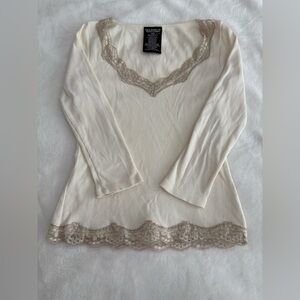 Y2K Polo Jeans Ralph Lauren 3/4Sleeve Ribbed Women’s Cream Beige Top Lace Trim S